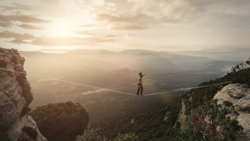 Man highlining in the mountains of Tavertet Catalonia