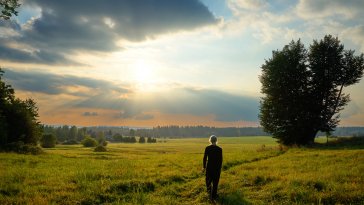 Man walking in a meadow at sunset